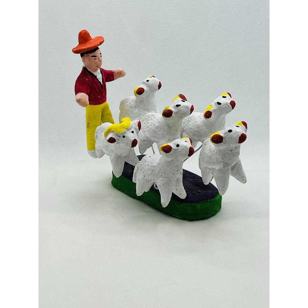 Vintage Mexican Folk Art Man Herding Sheep Clay Wire Herder Farmer Lambs - Picture 2 of 9